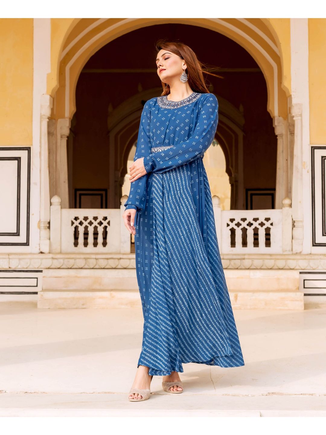 Indigo Bandhej Printed And Embroidered Dress With Belt (Set of 2)