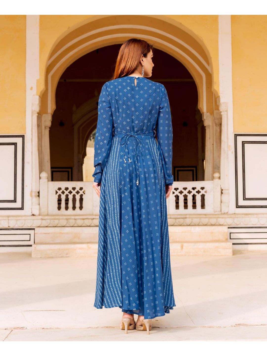 Indigo Bandhej Printed And Embroidered Dress With Belt (Set of 2)