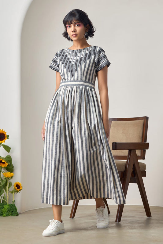 Ivory Cotton Embroidery Round Neck And Black Striped Midi Dress