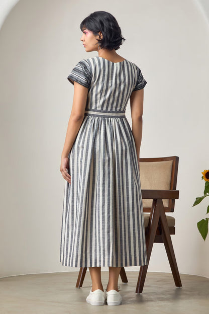 Ivory Cotton Embroidery Round Neck And Black Striped Midi Dress