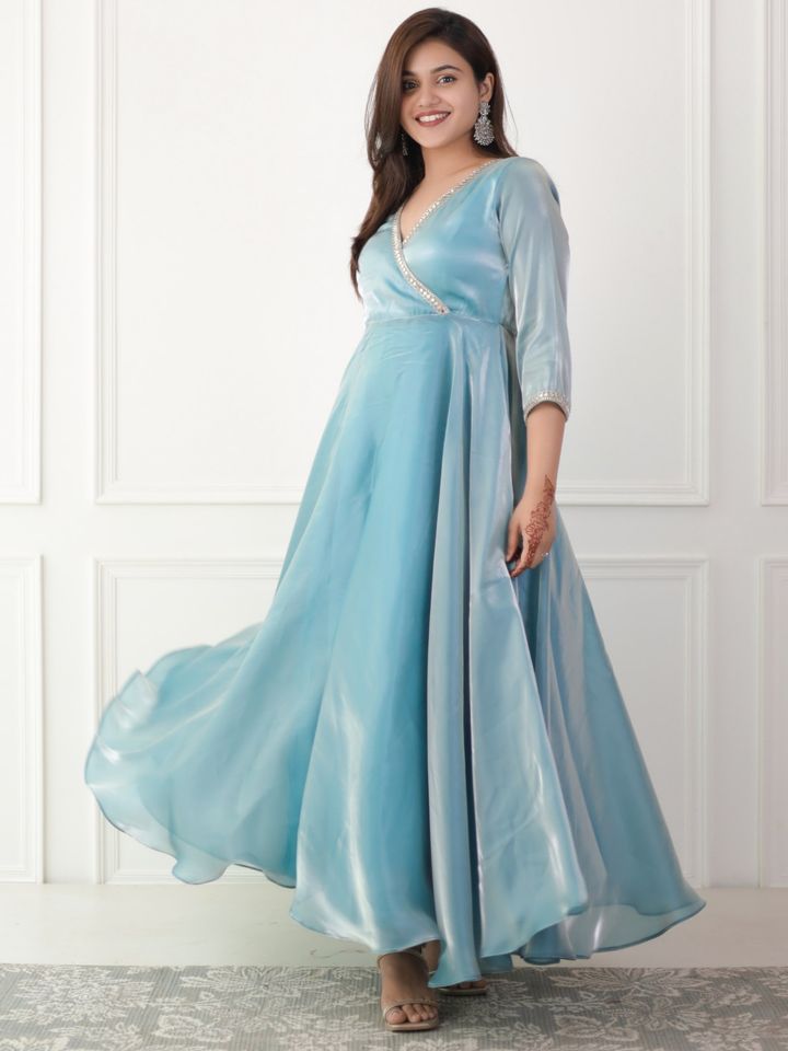 Luxe Ocean Blue Organza Angarkha Style Dress