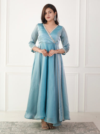 Luxe Ocean Blue Organza Angarkha Style Dress