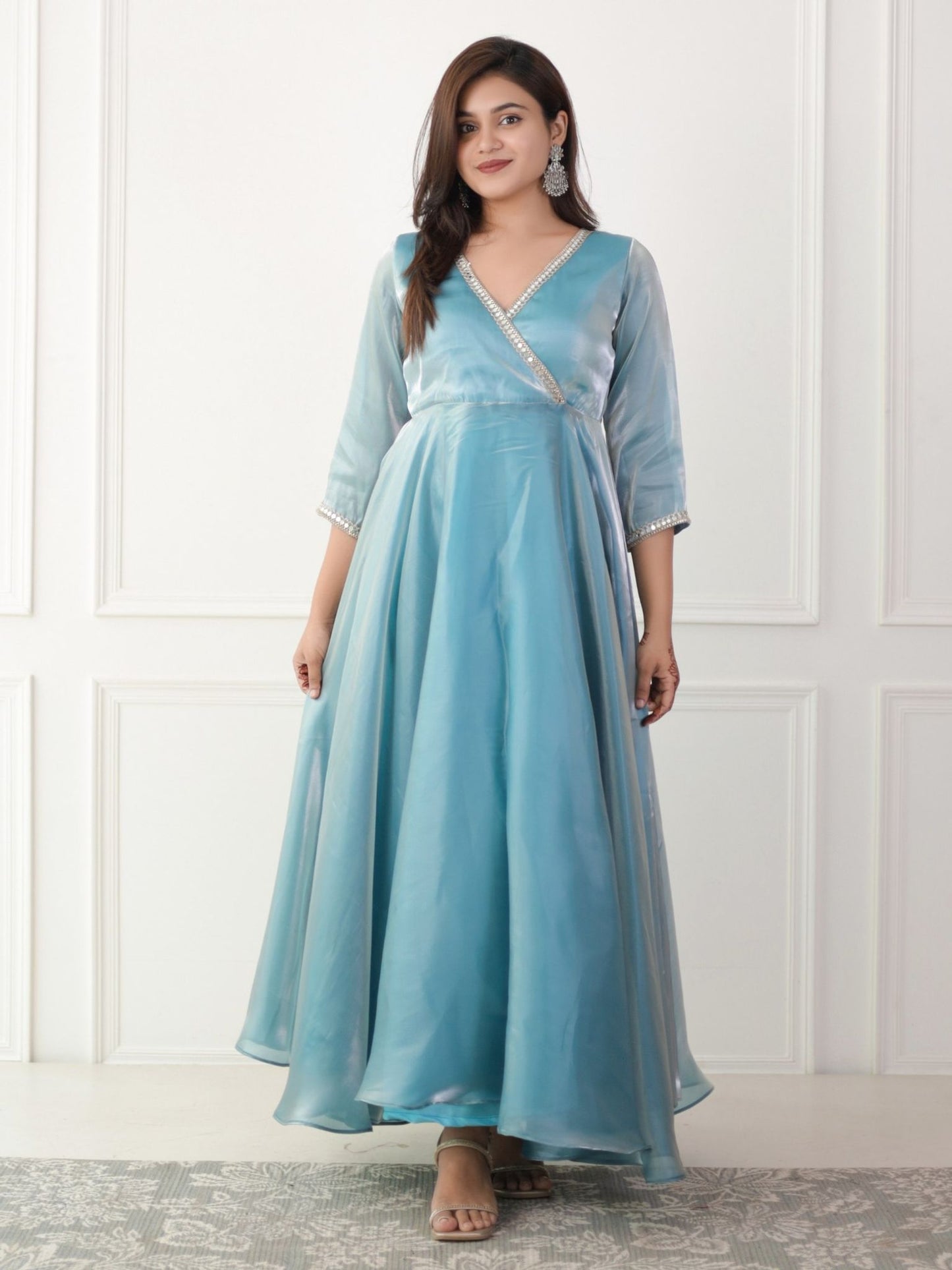 Luxe Ocean Blue Organza Angarkha Style Dress