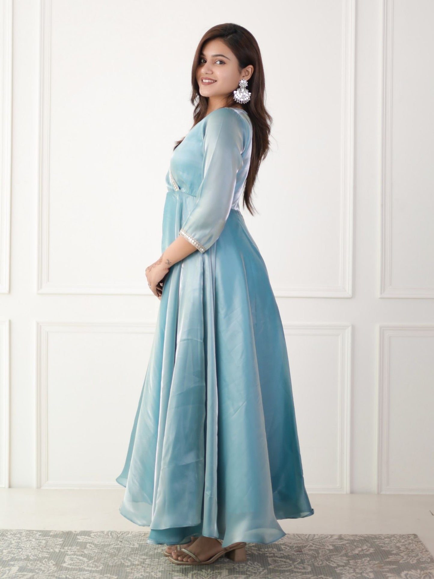 Luxe Ocean Blue Organza Angarkha Style Dress