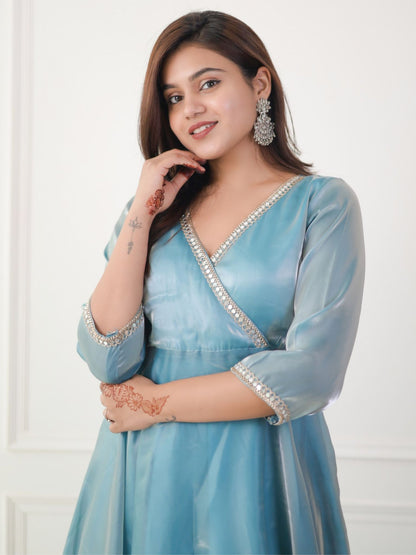 Luxe Ocean Blue Organza Angarkha Style Dress