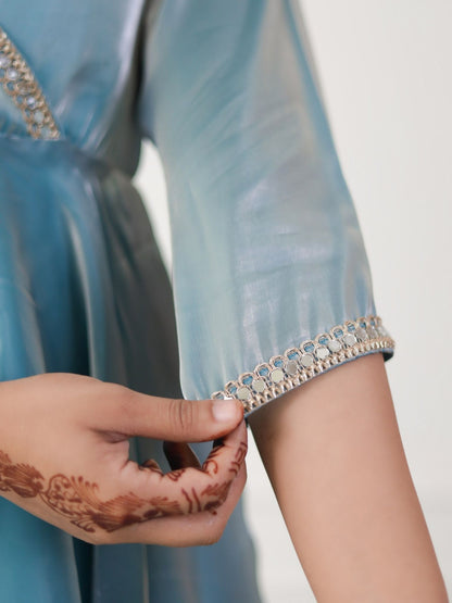 Luxe Ocean Blue Organza Angarkha Style Dress
