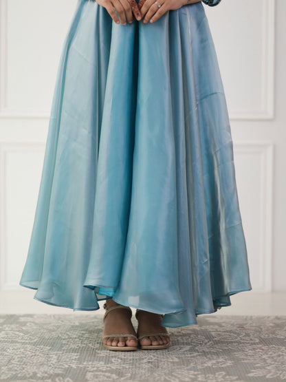Luxe Ocean Blue Organza Angarkha Style Dress