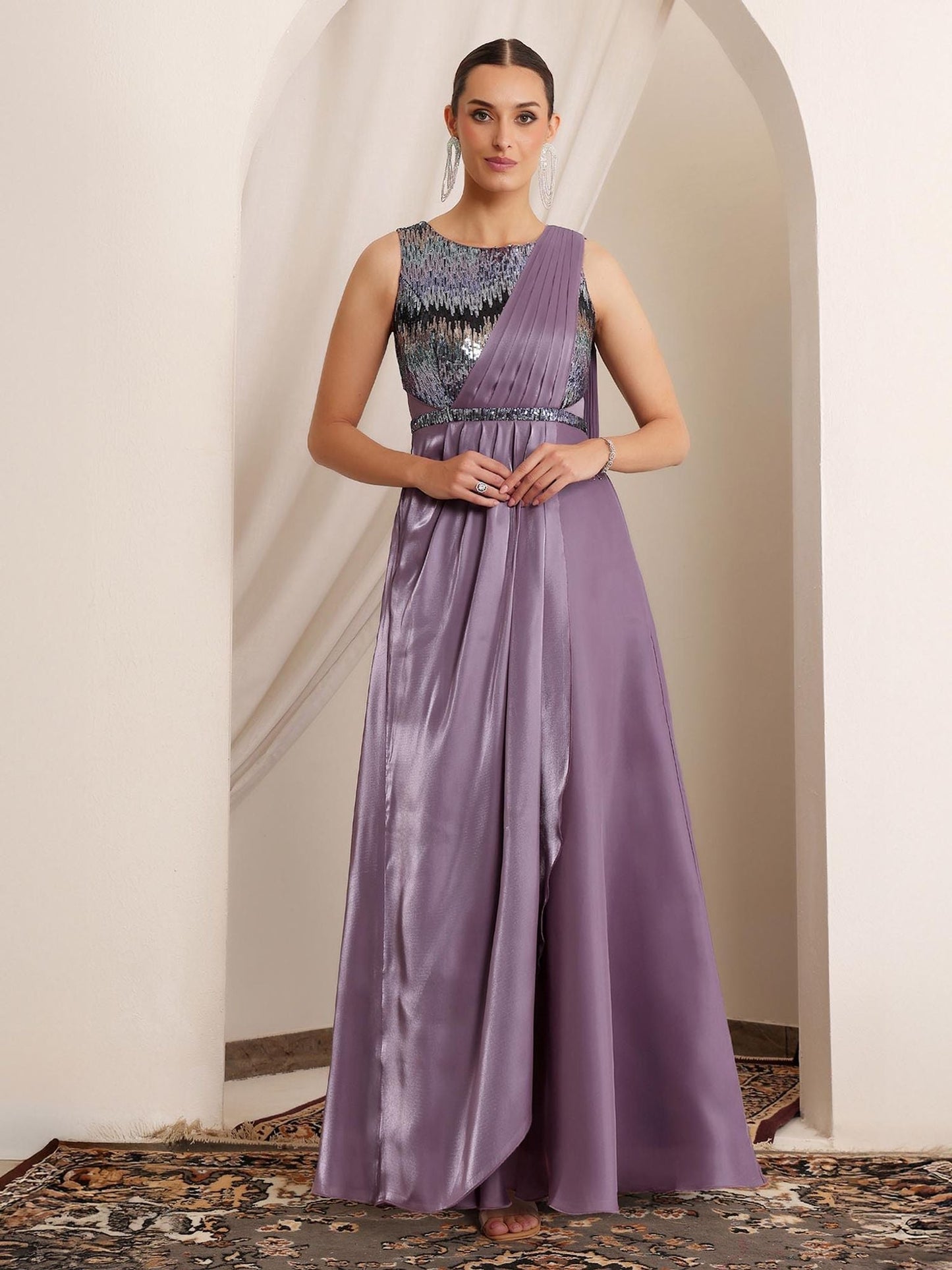 Luxe Women's Embellished Dusty Purple Gown in Premium Layered Satin