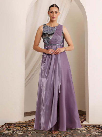 Luxe Women's Embellished Dusty Purple Gown in Premium Layered Satin