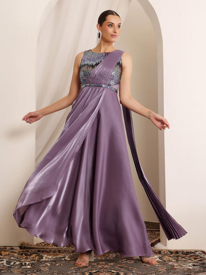 Luxe Women's Embellished Dusty Purple Gown in Premium Layered Satin