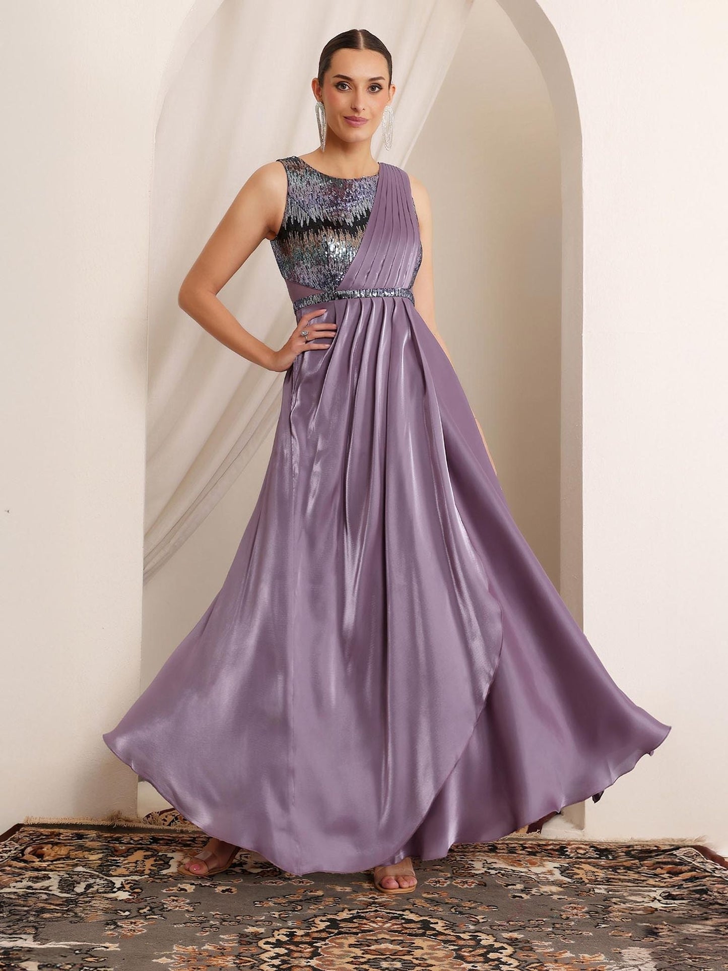 Luxe Women's Embellished Dusty Purple Gown in Premium Layered Satin