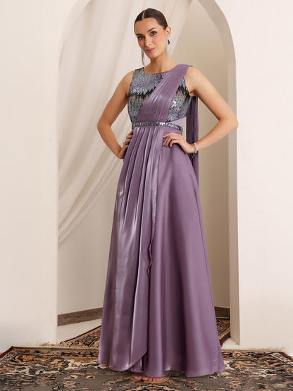 Luxe Women's Embellished Dusty Purple Gown in Premium Layered Satin