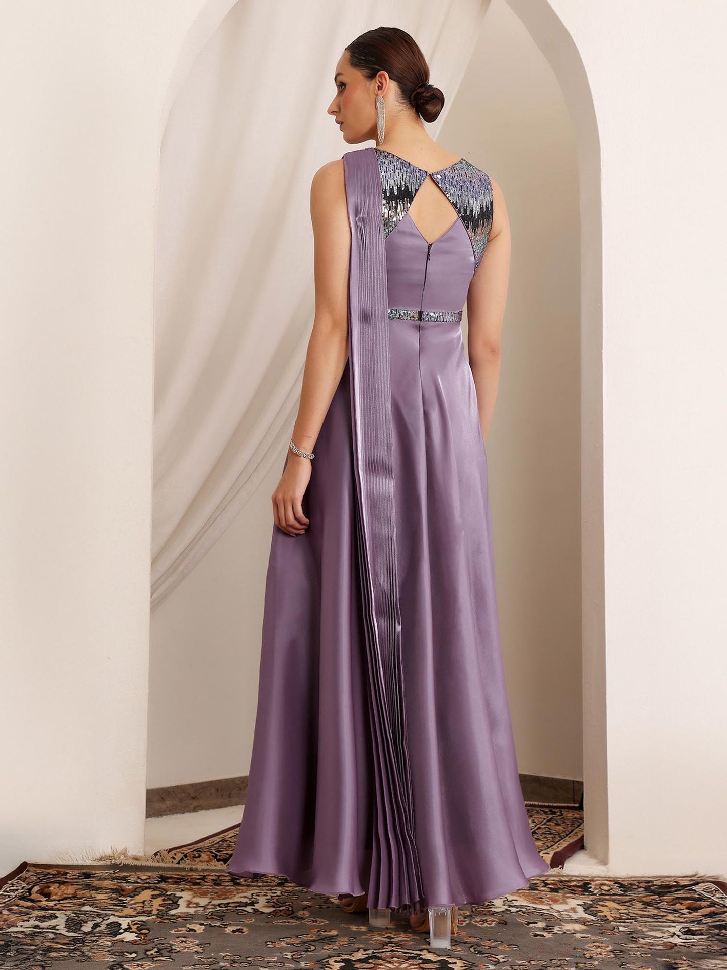 Luxe Women's Embellished Dusty Purple Gown in Premium Layered Satin