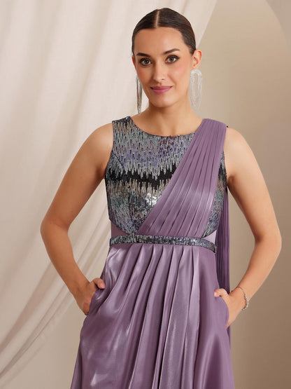 Luxe Women's Embellished Dusty Purple Gown in Premium Layered Satin