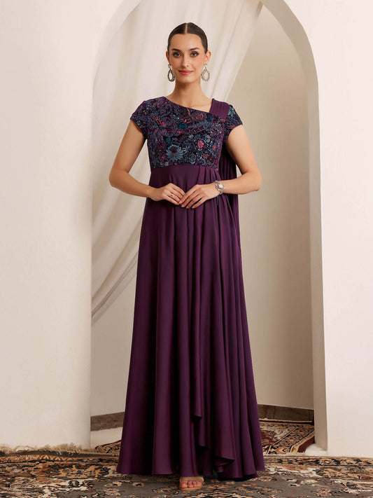 Luxe Women's Purple Asymmetric Draped Ethnic Gown in Embroidered Satin