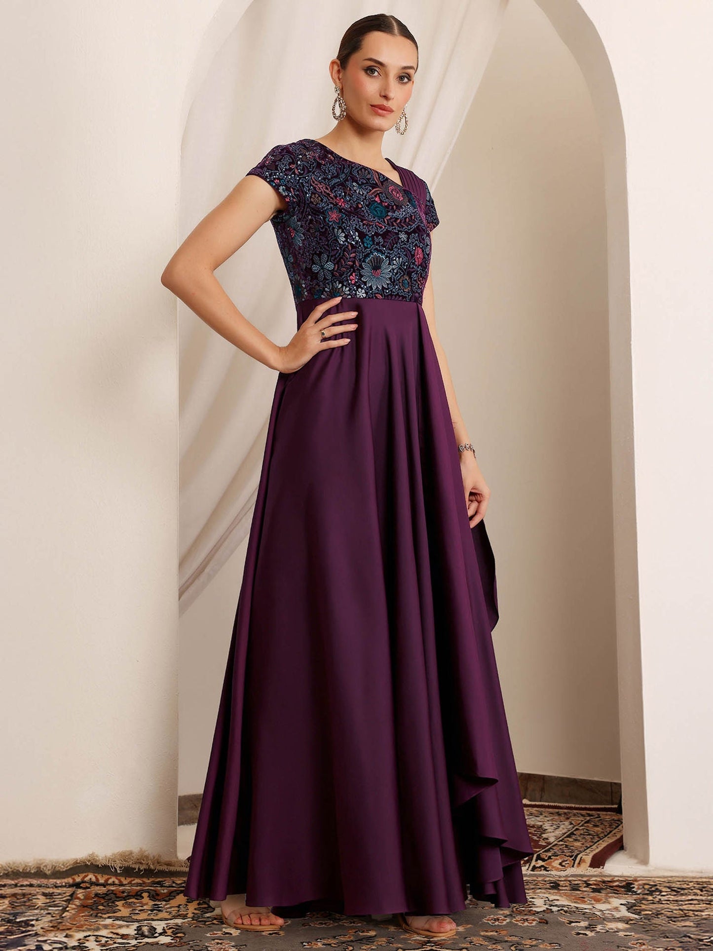 Luxe Women's Purple Asymmetric Draped Ethnic Gown in Embroidered Satin