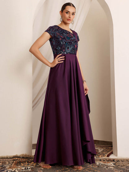 Luxe Women's Purple Asymmetric Draped Ethnic Gown in Embroidered Satin