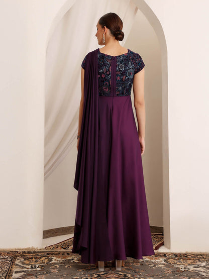 Luxe Women's Purple Asymmetric Draped Ethnic Gown in Embroidered Satin
