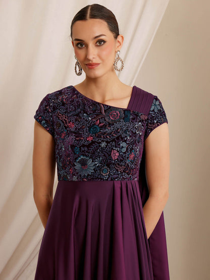 Luxe Women's Purple Asymmetric Draped Ethnic Gown in Embroidered Satin
