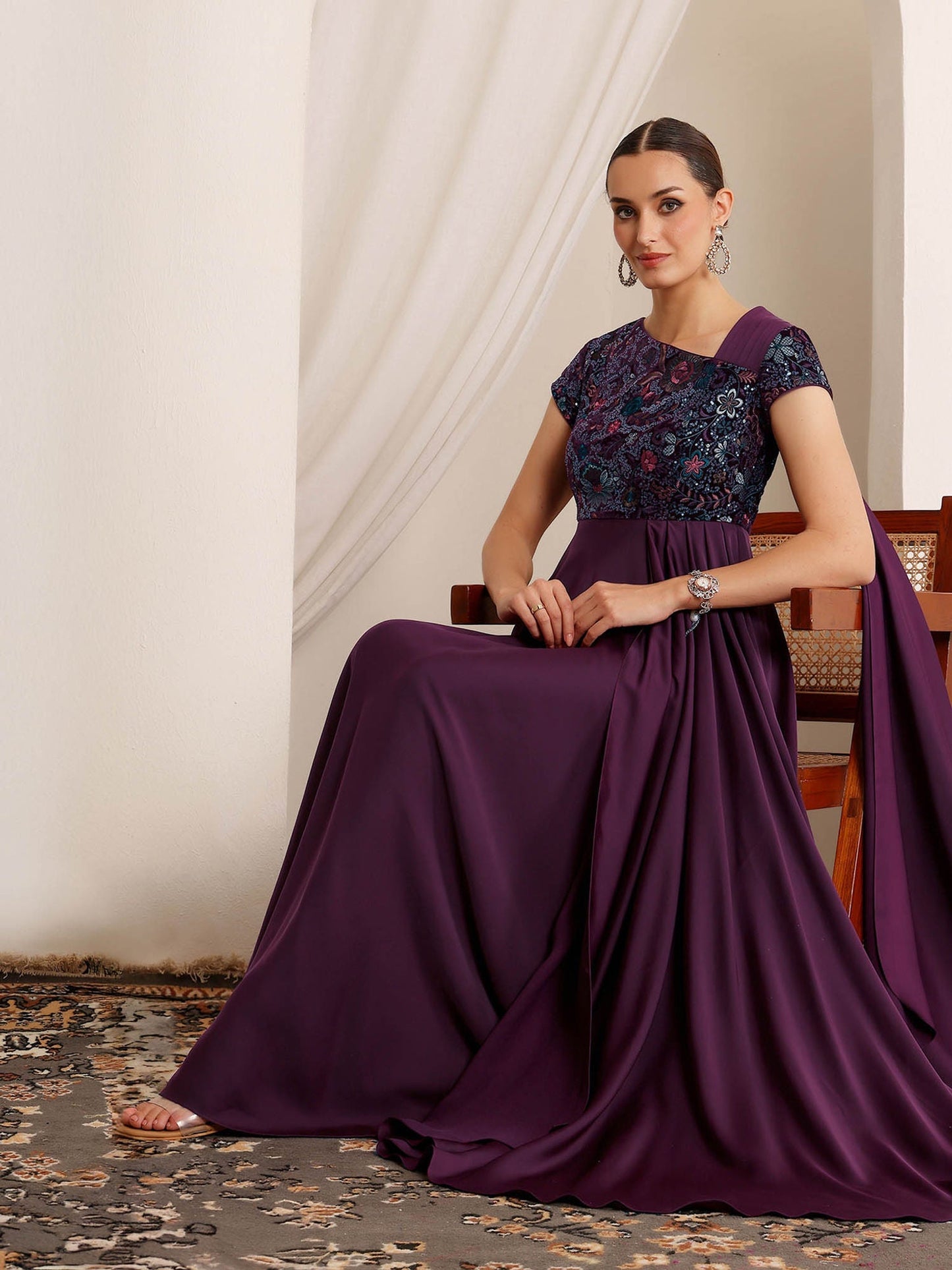 Luxe Women's Purple Asymmetric Draped Ethnic Gown in Embroidered Satin