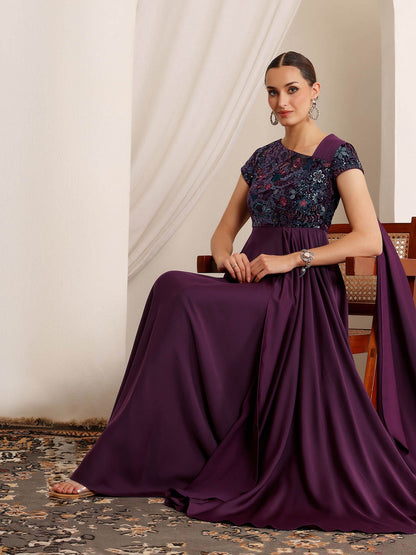 Luxe Women's Purple Asymmetric Draped Ethnic Gown in Embroidered Satin
