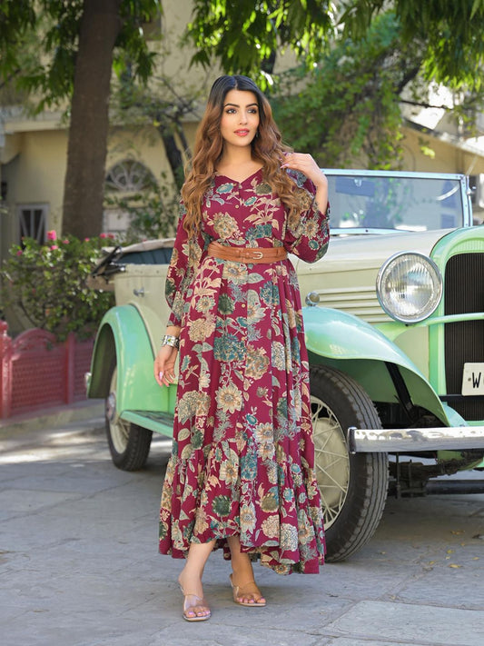 Maroon Floral Print Rayon Fabric Flared Long Maxi Dress