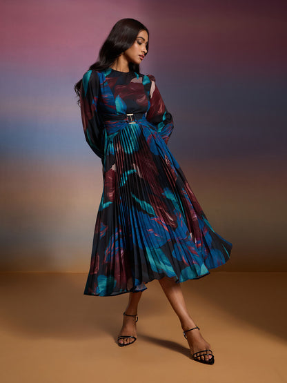 Multicolor Floral Print Bishop Sleeves Fit And Flare Midi Dress