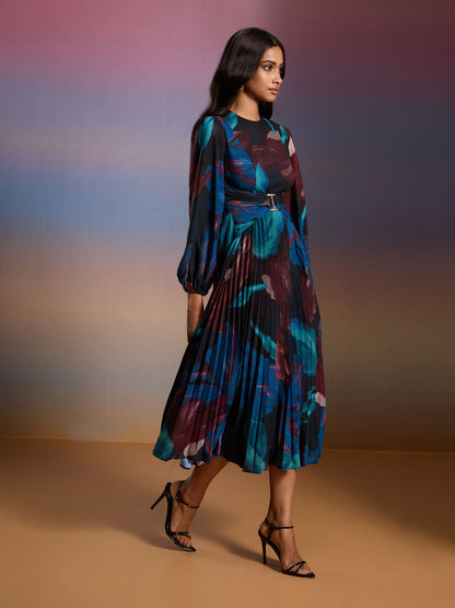 Multicolor Floral Print Bishop Sleeves Fit And Flare Midi Dress