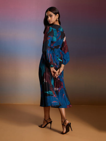 Multicolor Floral Print Bishop Sleeves Fit And Flare Midi Dress