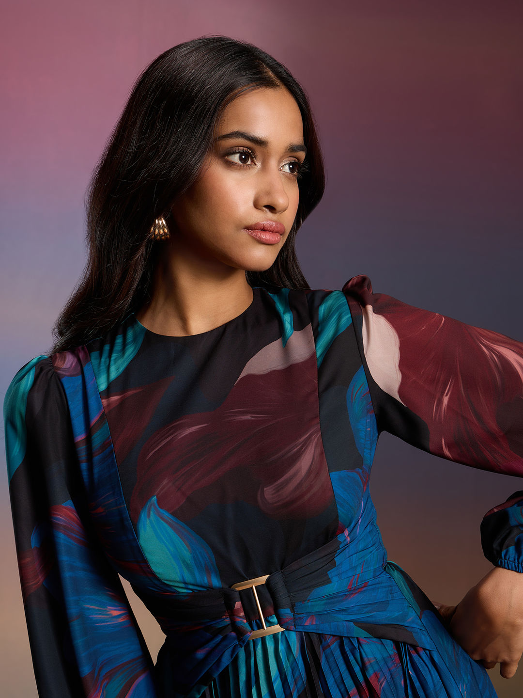 Multicolor Floral Print Bishop Sleeves Fit And Flare Midi Dress