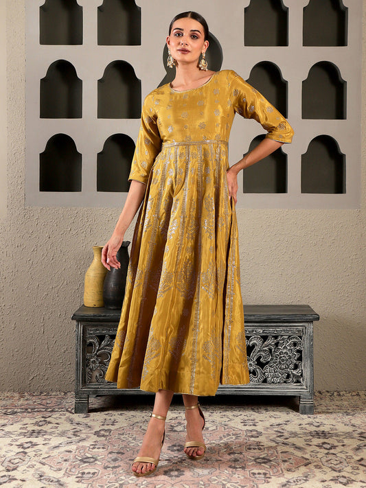 Mustard Yellow & Silver-Toned Ethnic Motifs Ethnic Maxi Dress