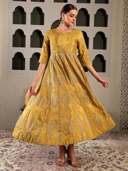 Mustard Yellow & Silver-Toned Ethnic Motifs Ethnic Maxi Dress