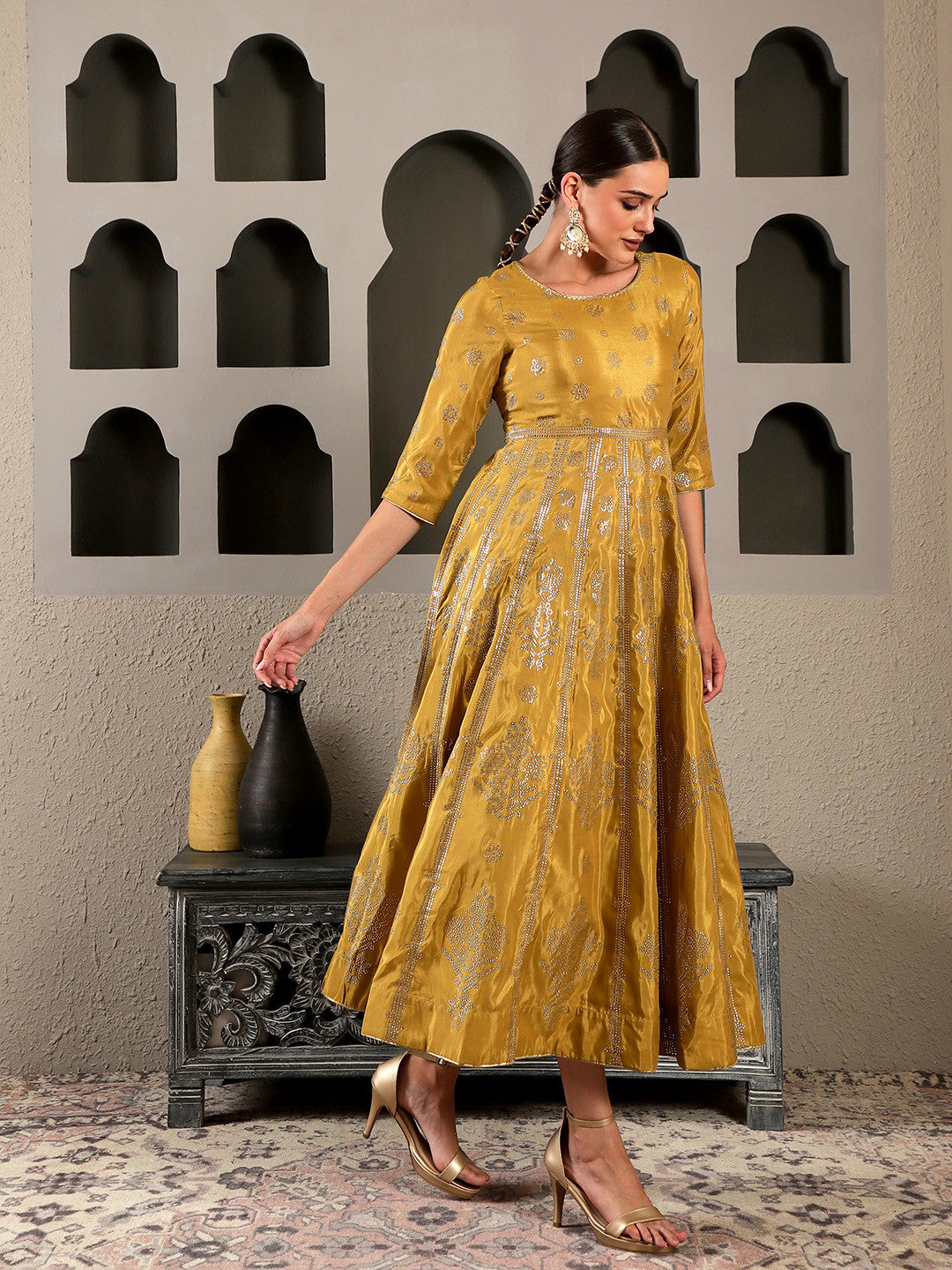 Mustard Yellow & Silver-Toned Ethnic Motifs Ethnic Maxi Dress