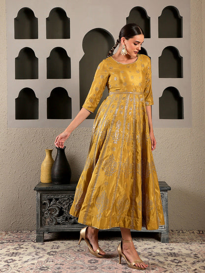Mustard Yellow & Silver-Toned Ethnic Motifs Ethnic Maxi Dress
