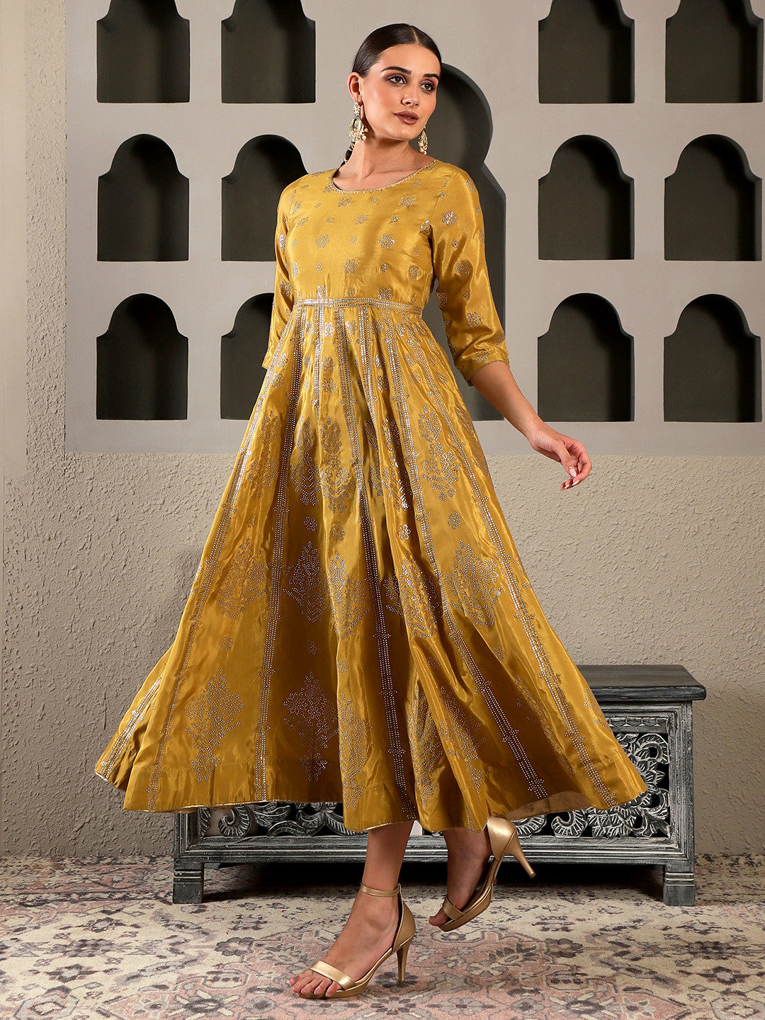 Mustard Yellow & Silver-Toned Ethnic Motifs Ethnic Maxi Dress