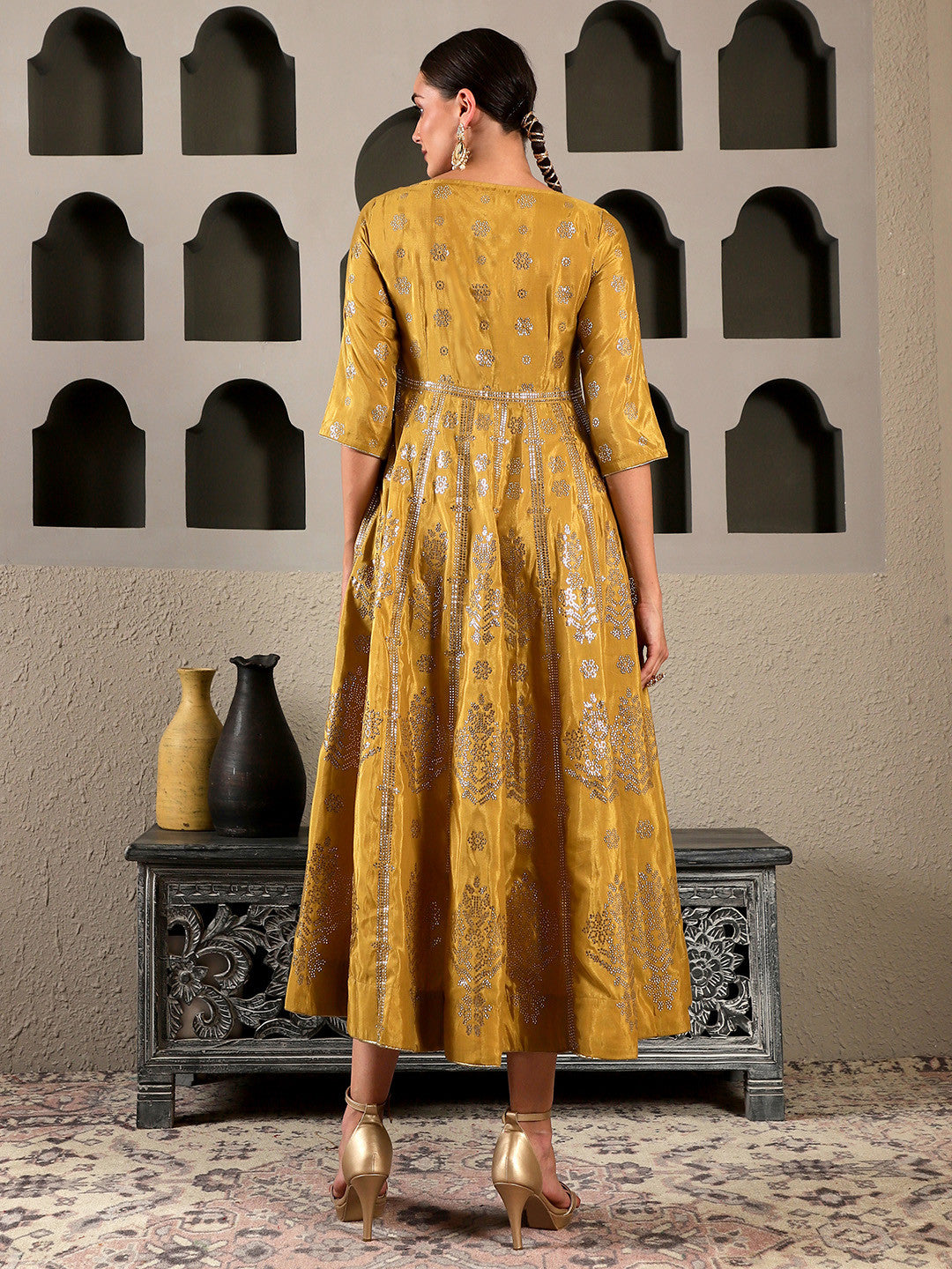Mustard Yellow & Silver-Toned Ethnic Motifs Ethnic Maxi Dress