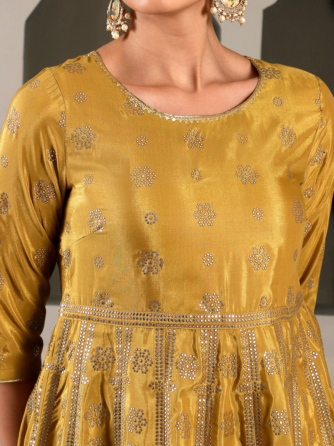 Mustard Yellow & Silver-Toned Ethnic Motifs Ethnic Maxi Dress