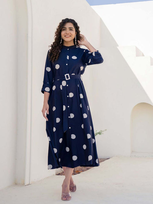 Navy Big Polka Dot Print Midi Dress with Belt In Viscose (Set of 2)