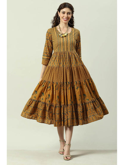 Ochre Flared Mustard Midi Dress