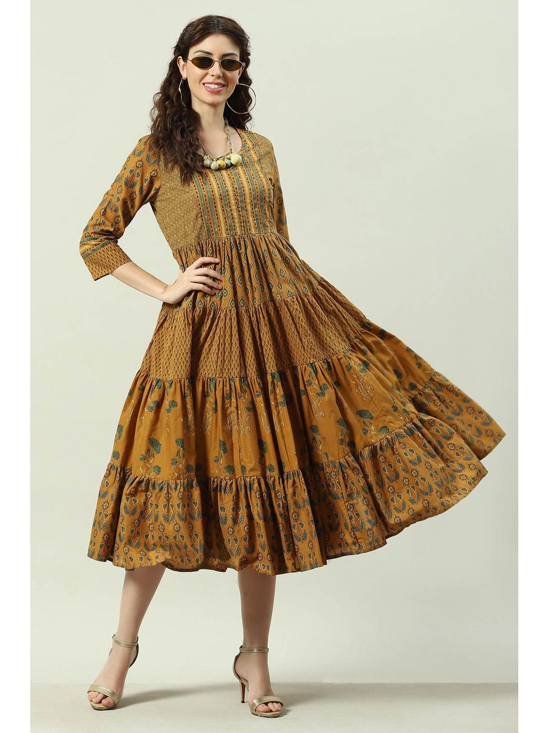 Ochre Flared Mustard Midi Dress