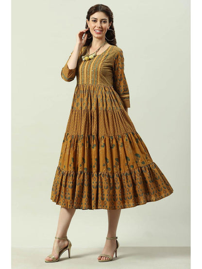 Ochre Flared Mustard Midi Dress