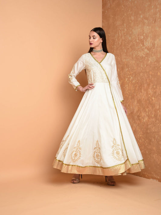 Off White Silk Embroidered Anarkali Dress