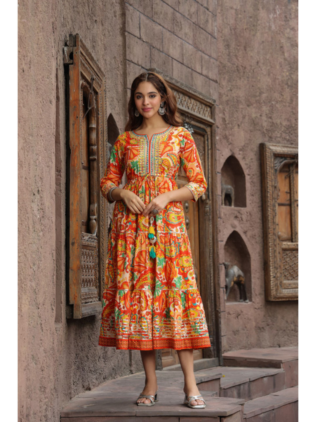 Orange Ethnic Motifs Printed Anarkali Ethnic Dress