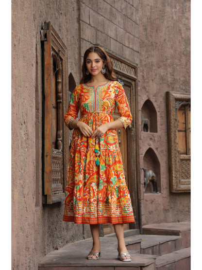 Orange Ethnic Motifs Printed Anarkali Ethnic Dress