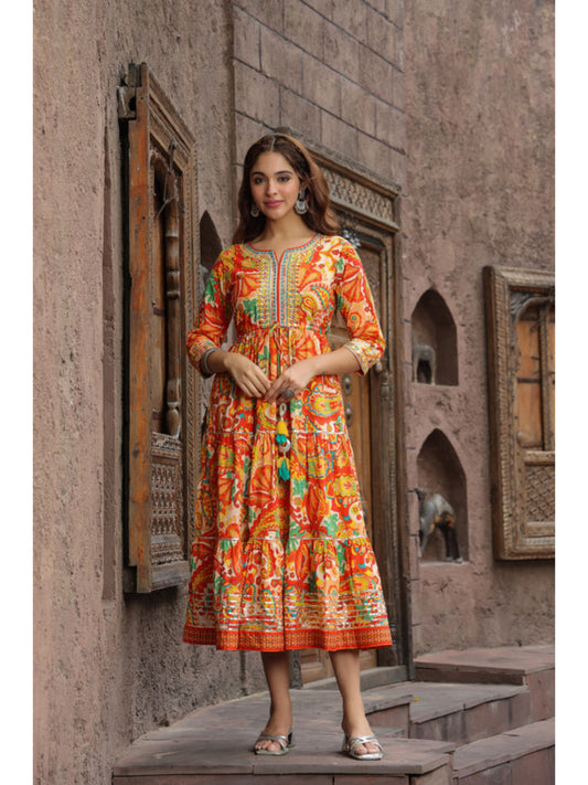 Orange Ethnic Motifs Printed Anarkali Ethnic Dress