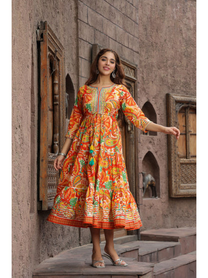 Orange Ethnic Motifs Printed Anarkali Ethnic Dress