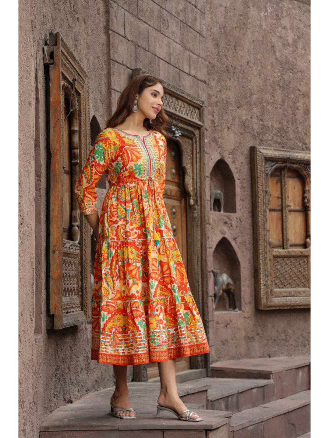Orange Ethnic Motifs Printed Anarkali Ethnic Dress