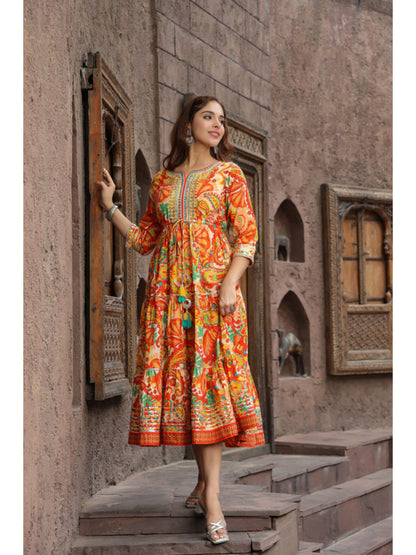 Orange Ethnic Motifs Printed Anarkali Ethnic Dress