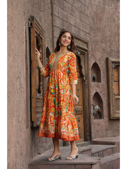 Orange Ethnic Motifs Printed Anarkali Ethnic Dress