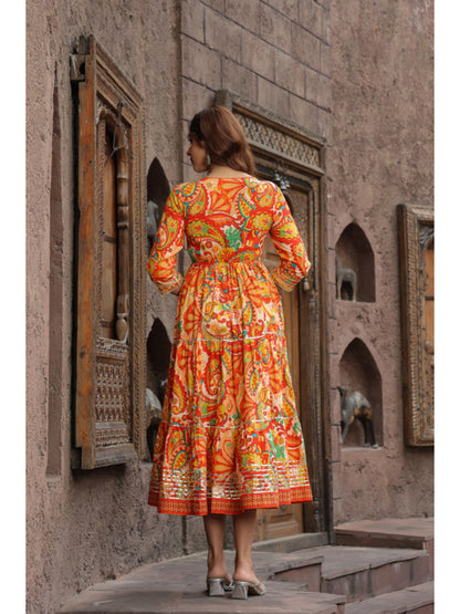 Orange Ethnic Motifs Printed Anarkali Ethnic Dress